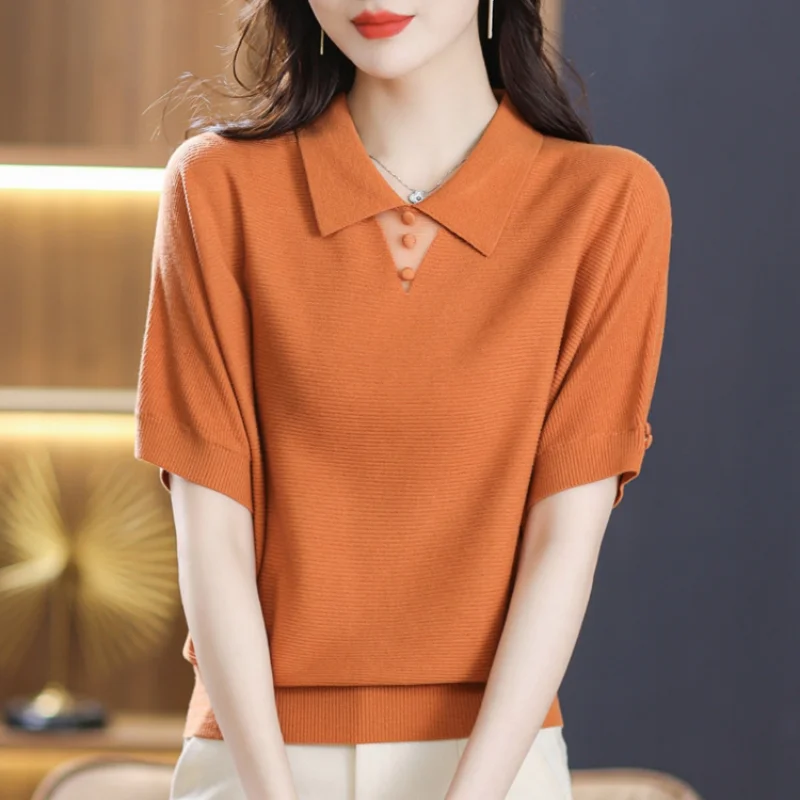 Korean Women Summer Short Sleeve Knitted Polo Shirts Fashion Casual Loose Ice Silk Solid Thin Simple New All-match Pullover Tops