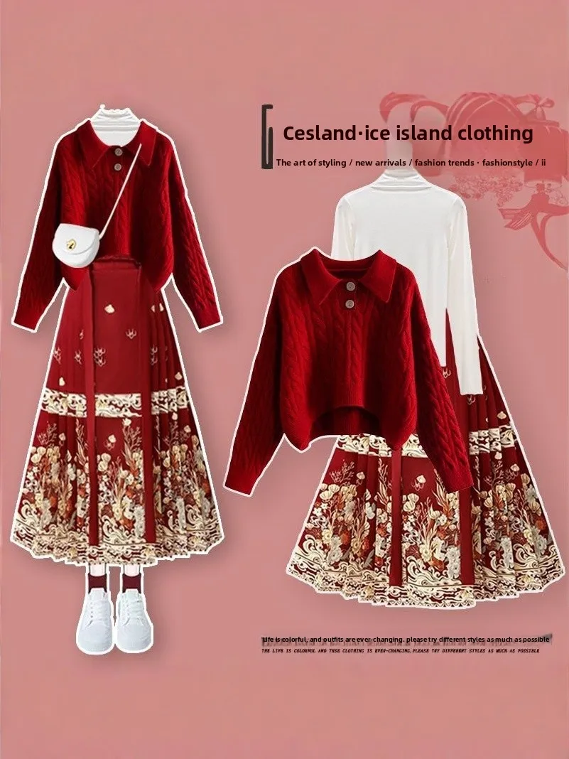 Red Sweater Base irt National Sle  Face Skirt Tee Piece Set New Chinese Sle Women's Faion Ensemble Long Sve...