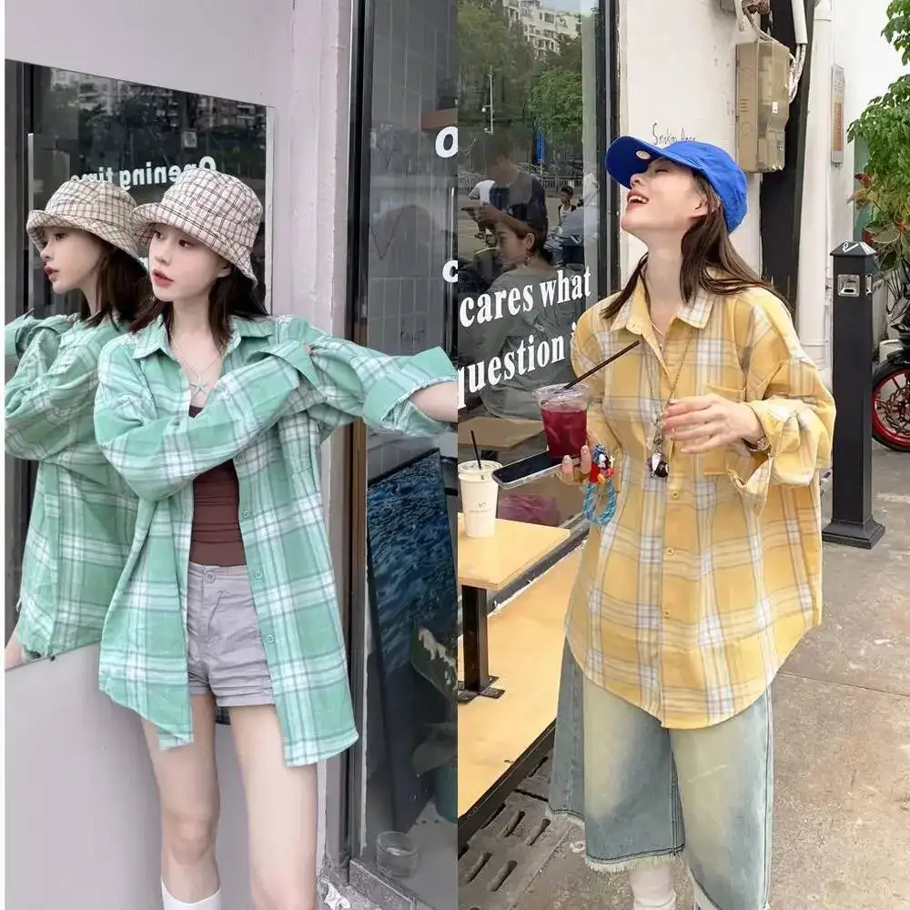 

Loose Women's Long Sleeve Polo Shirt Korean Summer Contrast Color Plaid Lazy Style Outerwear Cotton Button Decoration