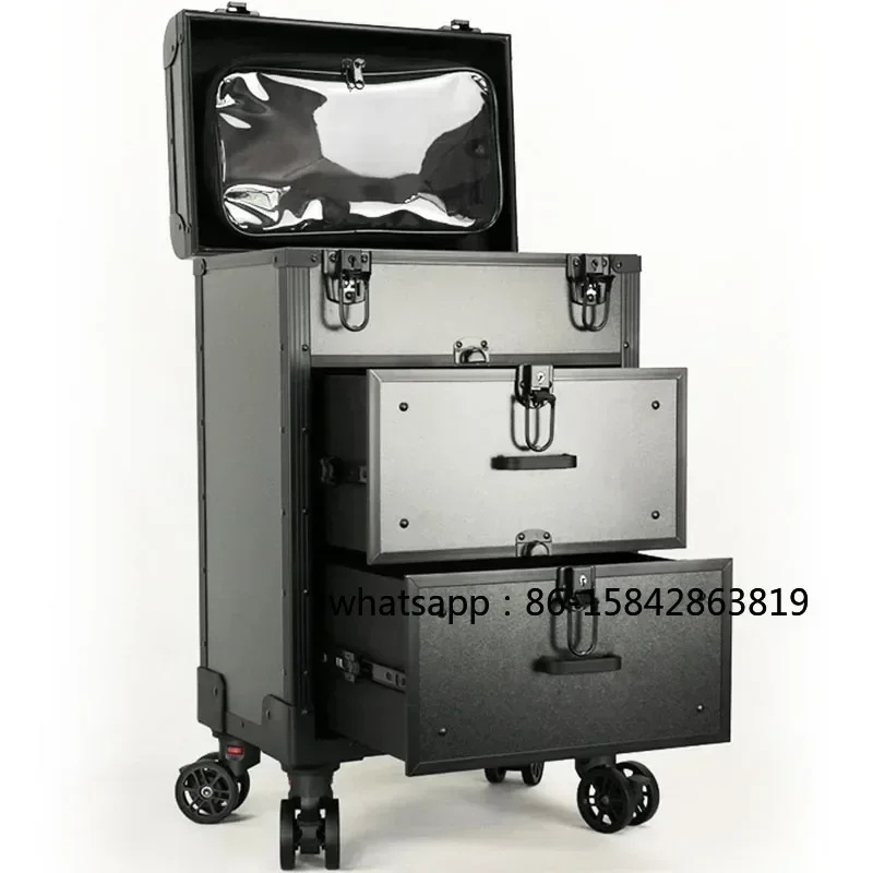 Aluminum Alloy Professional Makeup Box Trolley with Makeup Artist Portable Large-capacity Lock Embroidery Beauty Hair Toolbox