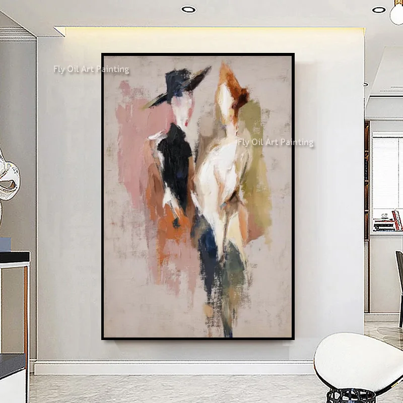 Abstract Simple Elegance Women Wear Black Dress Oil Painting Handmade Original Artwor Beige White Canvas Wall Art Decor