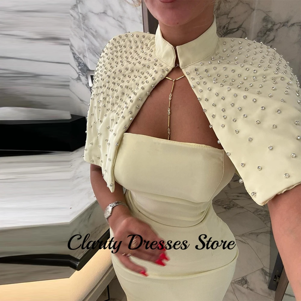 Yellow Soft Jersey Prom Gowns 2025  Luxury Crystal Strapless Homecoming Dresses Customized Back Slit Evening Dress with Shawl