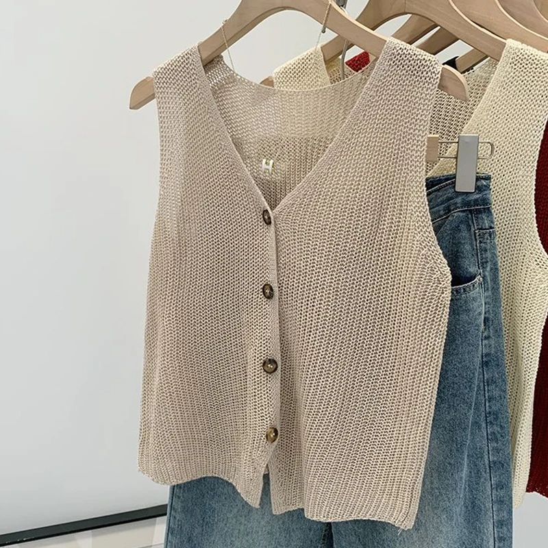 Summer Korean Cotton And Linen Fashion Casual Solid Color Loose V-Neck Vest For Women