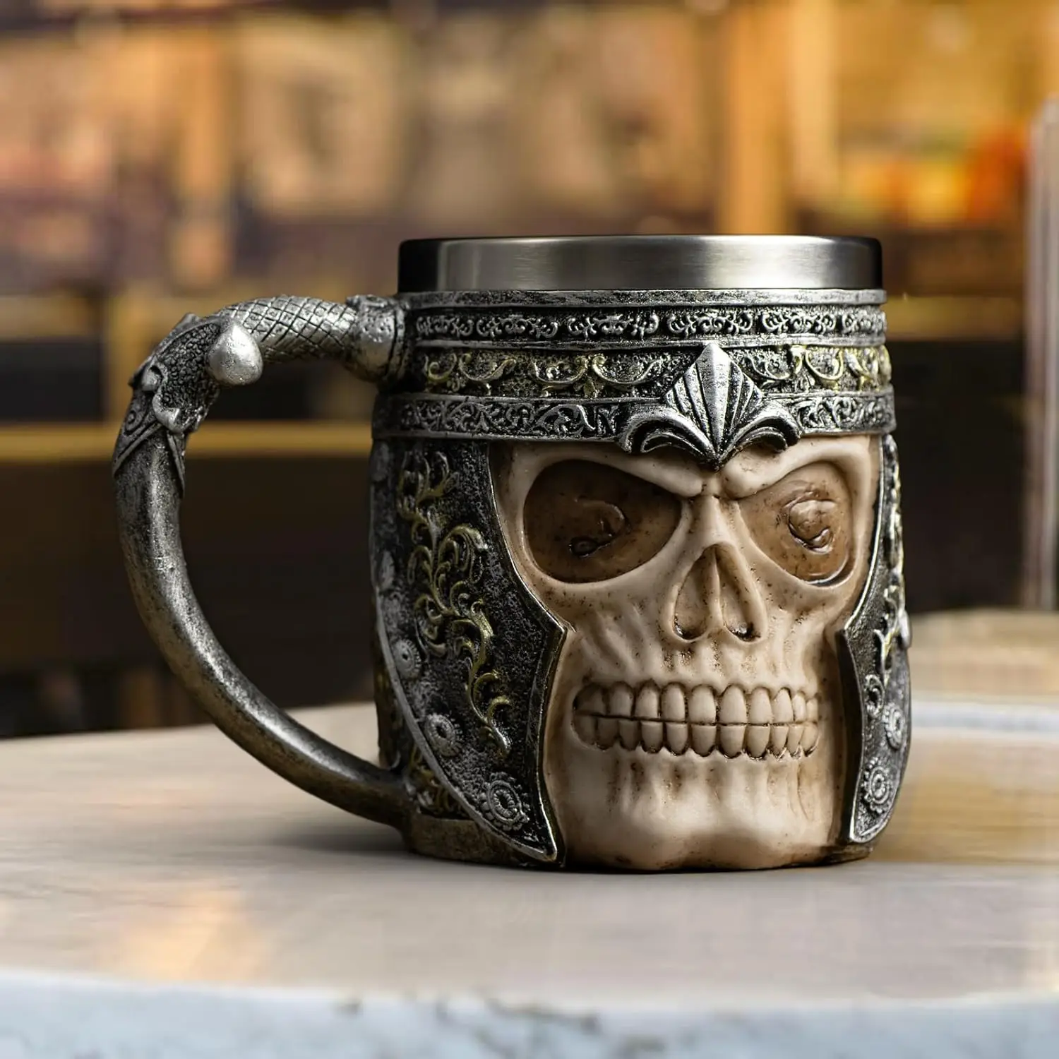 Stainless Steel Roman Helmet Skull Mug - Gothic Viking Skull & Bones Coffee Cup, Medieval Warrior Beer Stein Tankard, Halloween