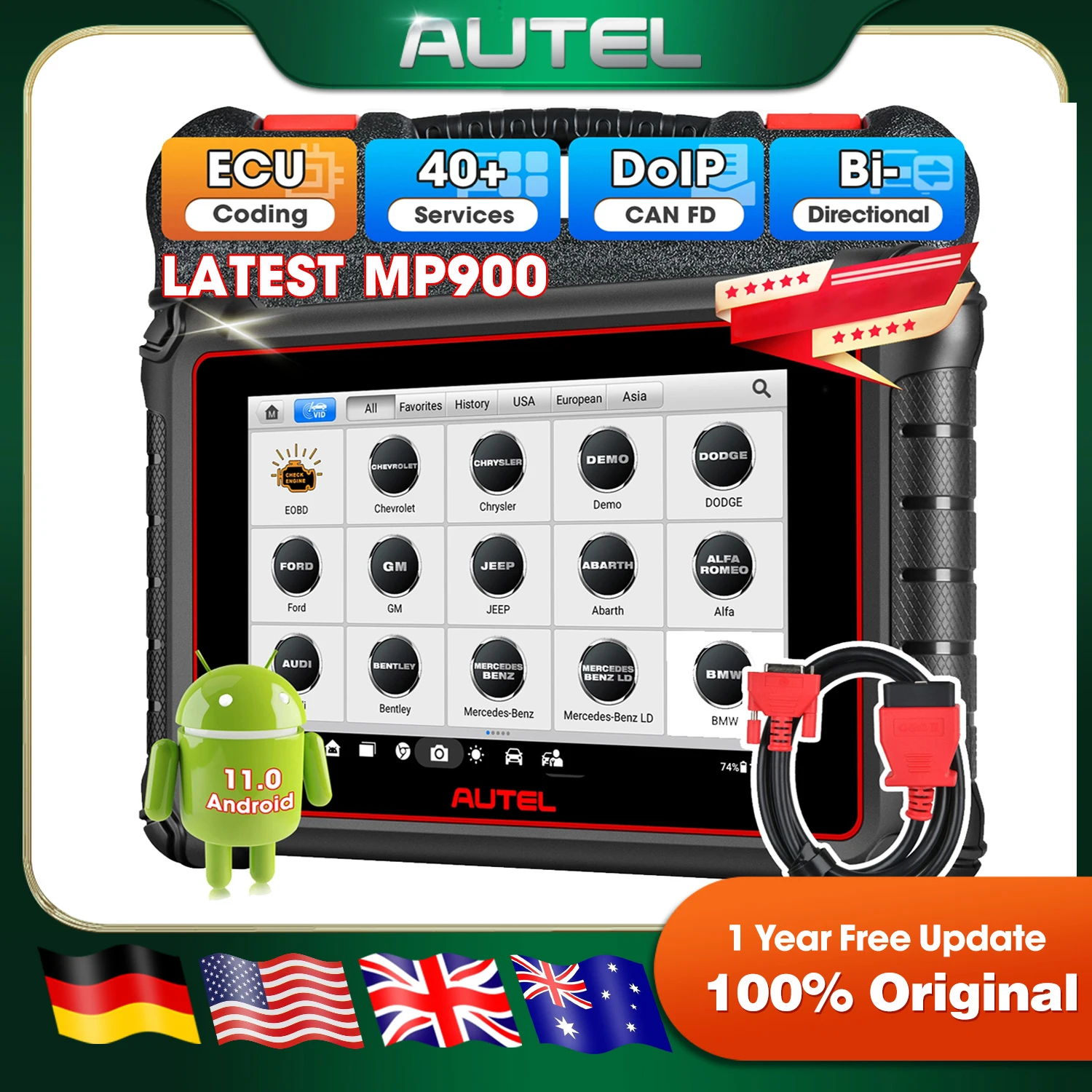 Autel MaxiPRO MP900 Scanner Bidirectional  Tools Same as MS906 PRO MS906 MAX MP900BT OE ECU Coding 3000+ Active Tests 40+ Service Full System Scan Tool Up of MP808BT PRO MP808S MK900 MX900 w/CAN FD FCA SGW OS 11.0