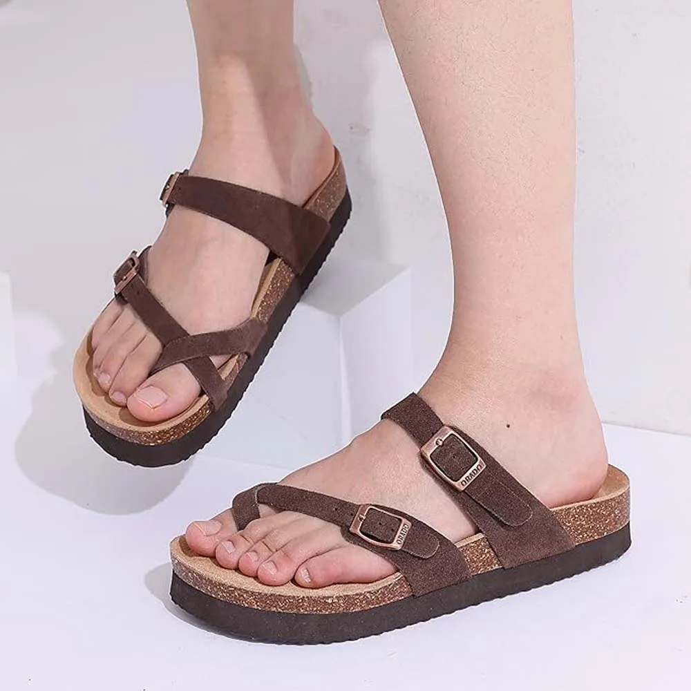 Shevalues Genuine Suede Cork Sandals For Women Fashion Thick Bottom Cork Slippers Summer Open Toe Flat Sandals Beach Slides 2024