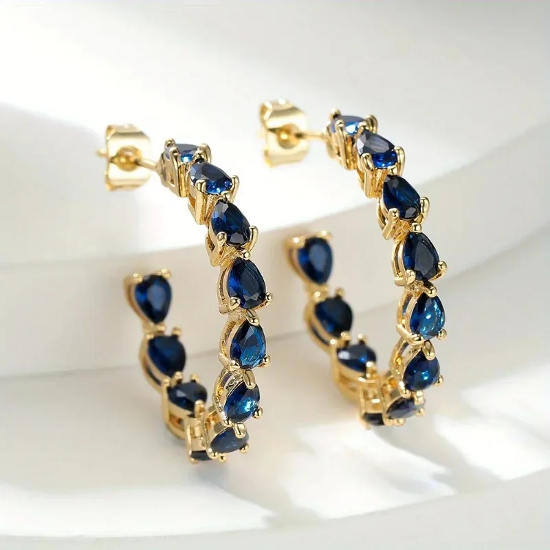 Fashion New Blue Teardrop Zirconia Tandem Inlaid Gold Colour Earrings Women\'s Luxury and Elegant Jewellery Accessories