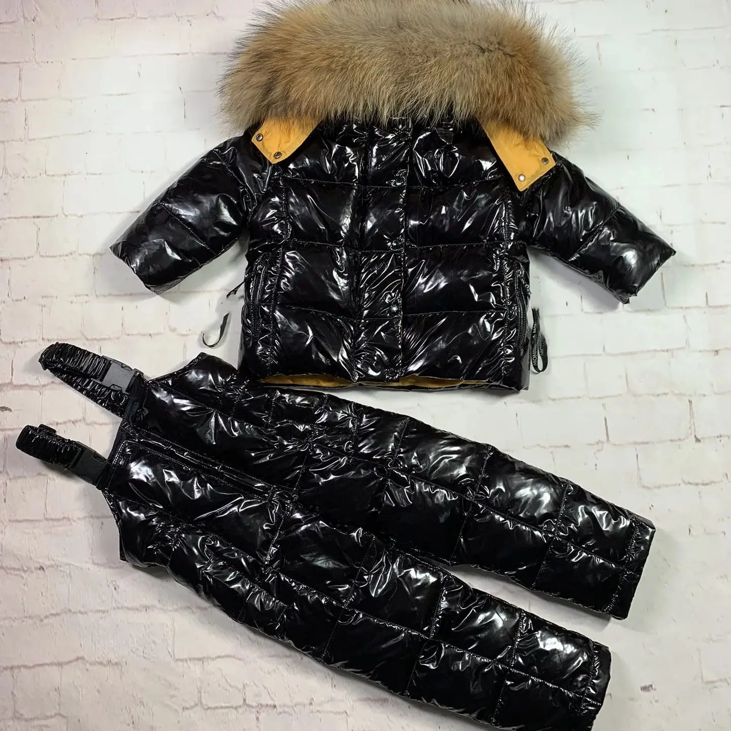 Raccoon fur hood 2024 winter jacket child suit jacket+pant twinset boy & girl ski suits children down jacket outerwear parka