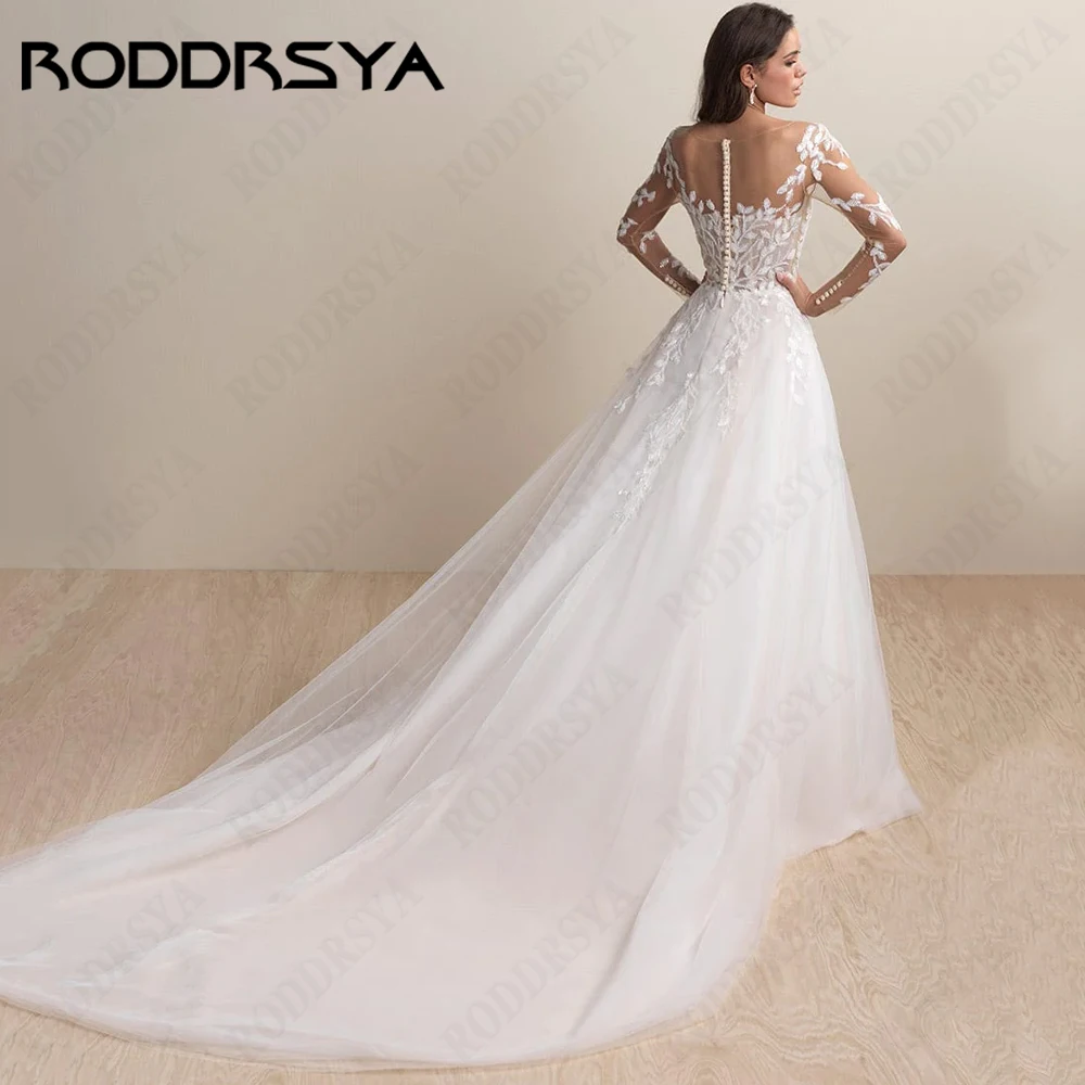 RODDRSY gaun pernikahan elegan untuk wanita lengan panjang sendok gaun pengantin ilusi gaun pengantin renda Applique Tulle A-Line vestido de noiva