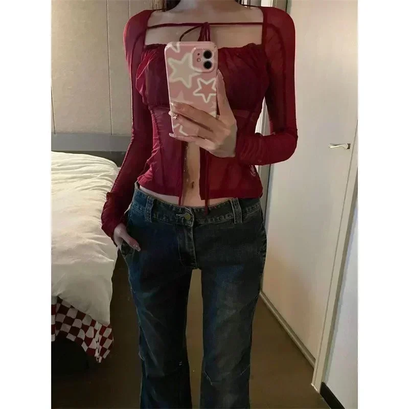 Women Vintage Streetswear Red Grunge See Through T-shirts Top Oversized  Tshirt Long Sleeve Mesh Tops Alt Clothes