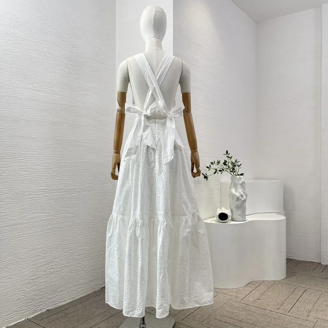 Women's Cross Tie Back Long Dress Pure Cotton Sleeveless Hollow Out Pleats High Quality Summer Holiday New 2024