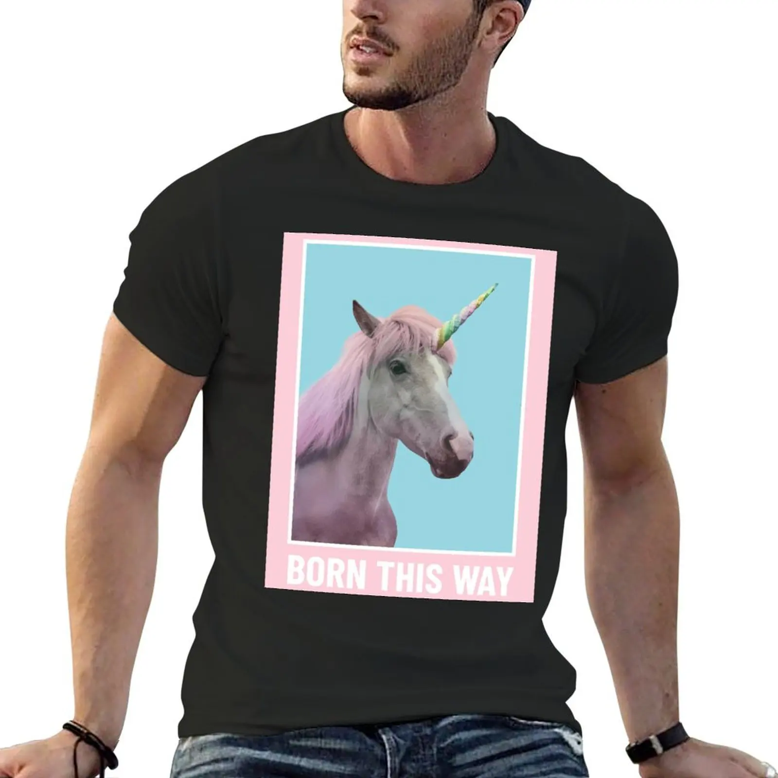 

Born This Way pink Unicorn Sticker T-Shirt quick drying plus size tops fitted t shirts for men