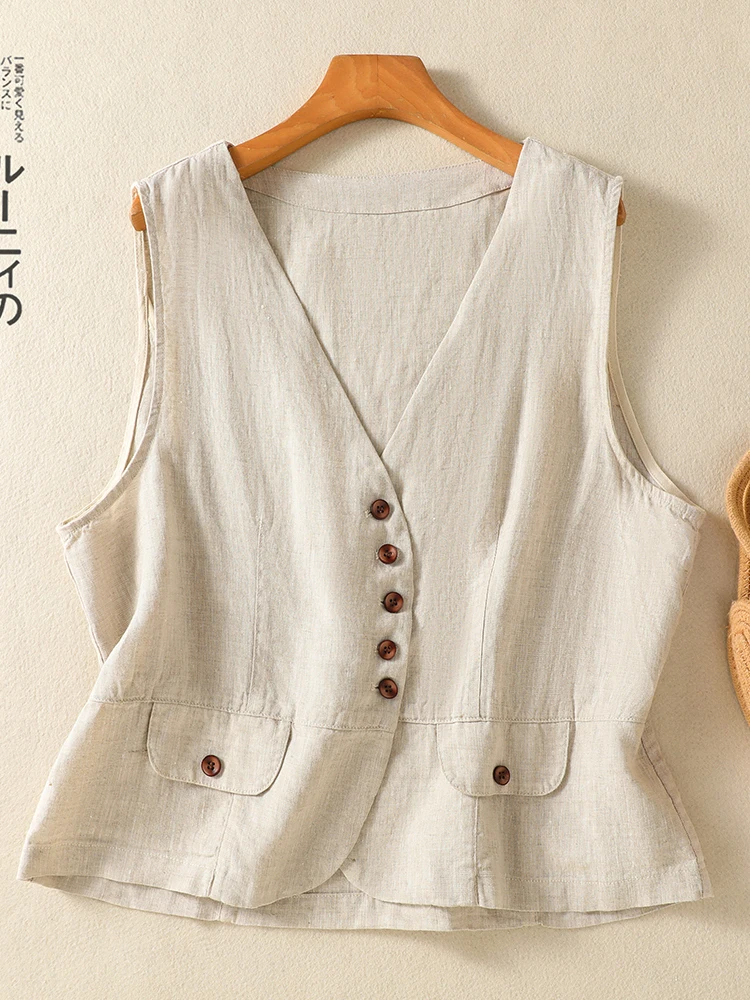 

Retro Artistic Cotton Linen Vest Jacket Large Size Women's Summer V-neck Buttoned Vest Top Casual Loose Fit Pear Body Type