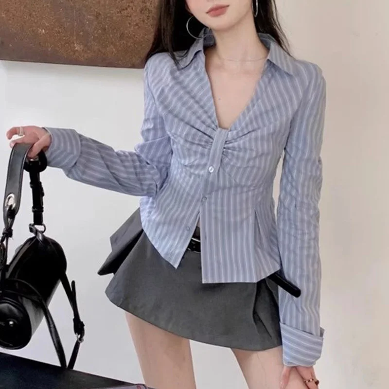 브이넥 긴팔 블라우스 여성용, 스트라이프 슬림 셔츠, 한국 패션, 섹시 버튼, 여름 트렌드, 2024 신상 용수철 