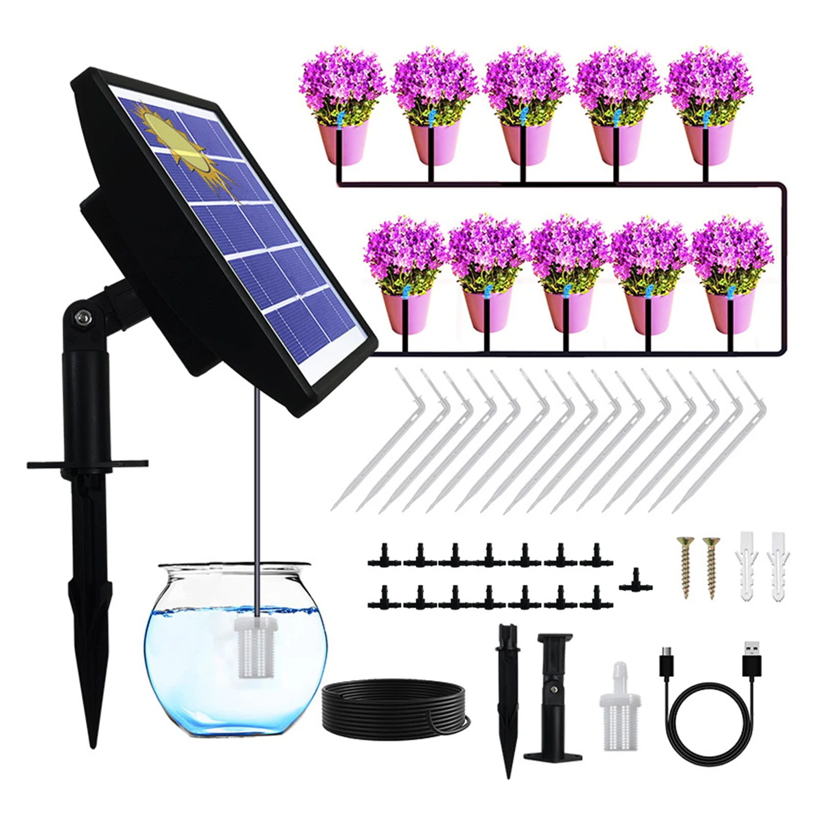 Solar Automatic Drip Irrigation Kit Anti-siphon Solar Powered Irrigation System for Garden Balcony 1-600s Timer Easy DIY Self