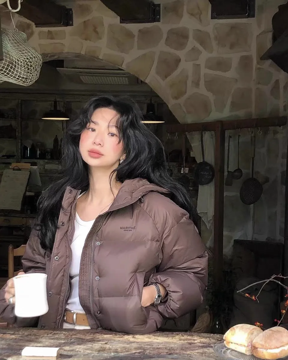 プレミアム秋冬ブラウンフード付きダウンジャケット PREON ワークウェア マリテ スレ レディース ファッション 通勤 防風 レギュラー スベ ロング...