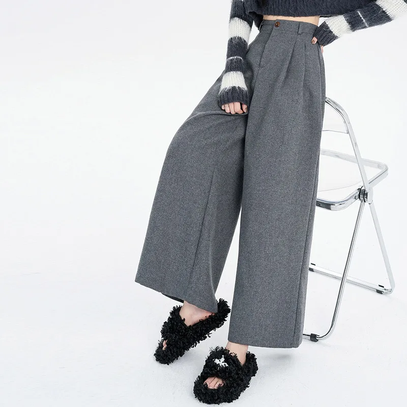 Classic Wool Blend Ankle Length Wide Leg Pants Winter High Wiast Baggy Spodnie Casual Warm Pantalones Elegant Fomal Women Broek