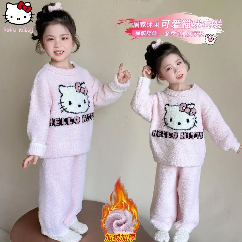 الخريف الشتاء الفتيات Kawaii هريرة الدافئة محبوك منامة مجموعة أنيمي النسخة الكورية الجديدة سميكة ملابس المنزل موضة قطعتين مجموعة