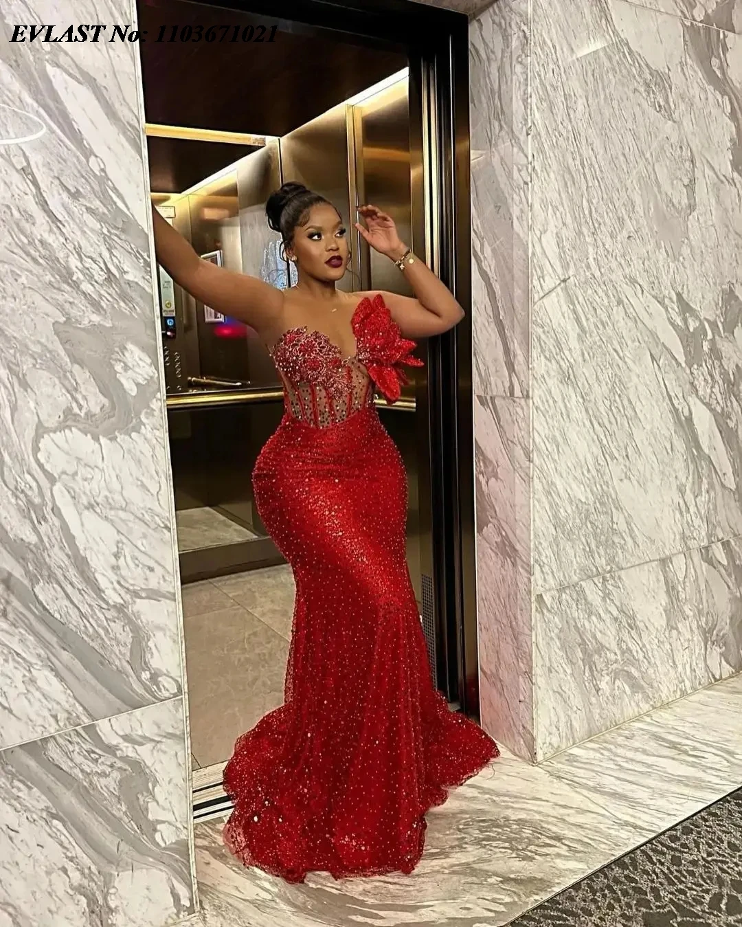 EVLAST Customized African Red Mermaid Prom Dress Sparkly Beading Sequins Lace Aso Ebi Ruffled Flower Formal Evening Gown P109