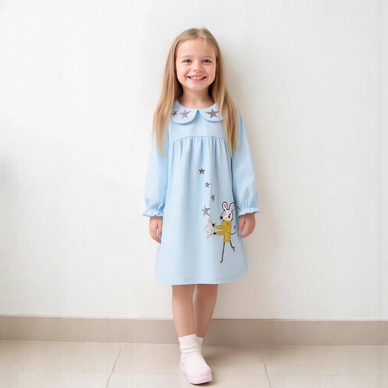 

SAILEROAD Baby Girls Kids Clothes 2025 Autumn Spring Dress Cotton Cartoon Mouse Stars Applique Long Sleeves Dresses Vestidos