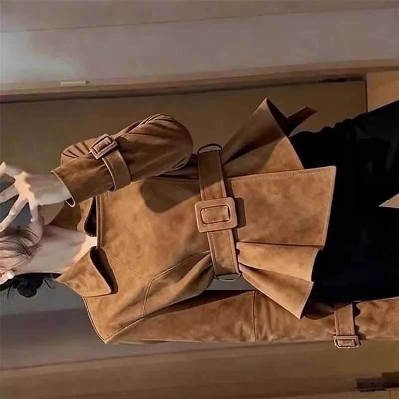 

2026 Spring Unique And Super Beautiful Retro High-End Feeling Brown Collar Juede Coat Leather Jacket Short Outerwear Women