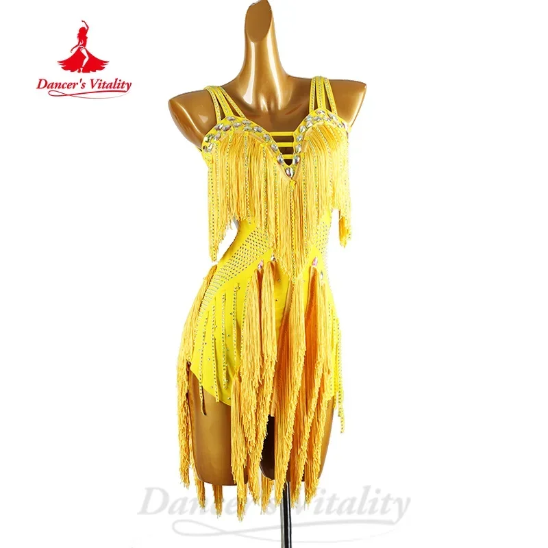 Latin Dance Competition Clothing Customized Luxury Diamond Tassel Dress Adult Children Tango Samba Rumba Performance Costume