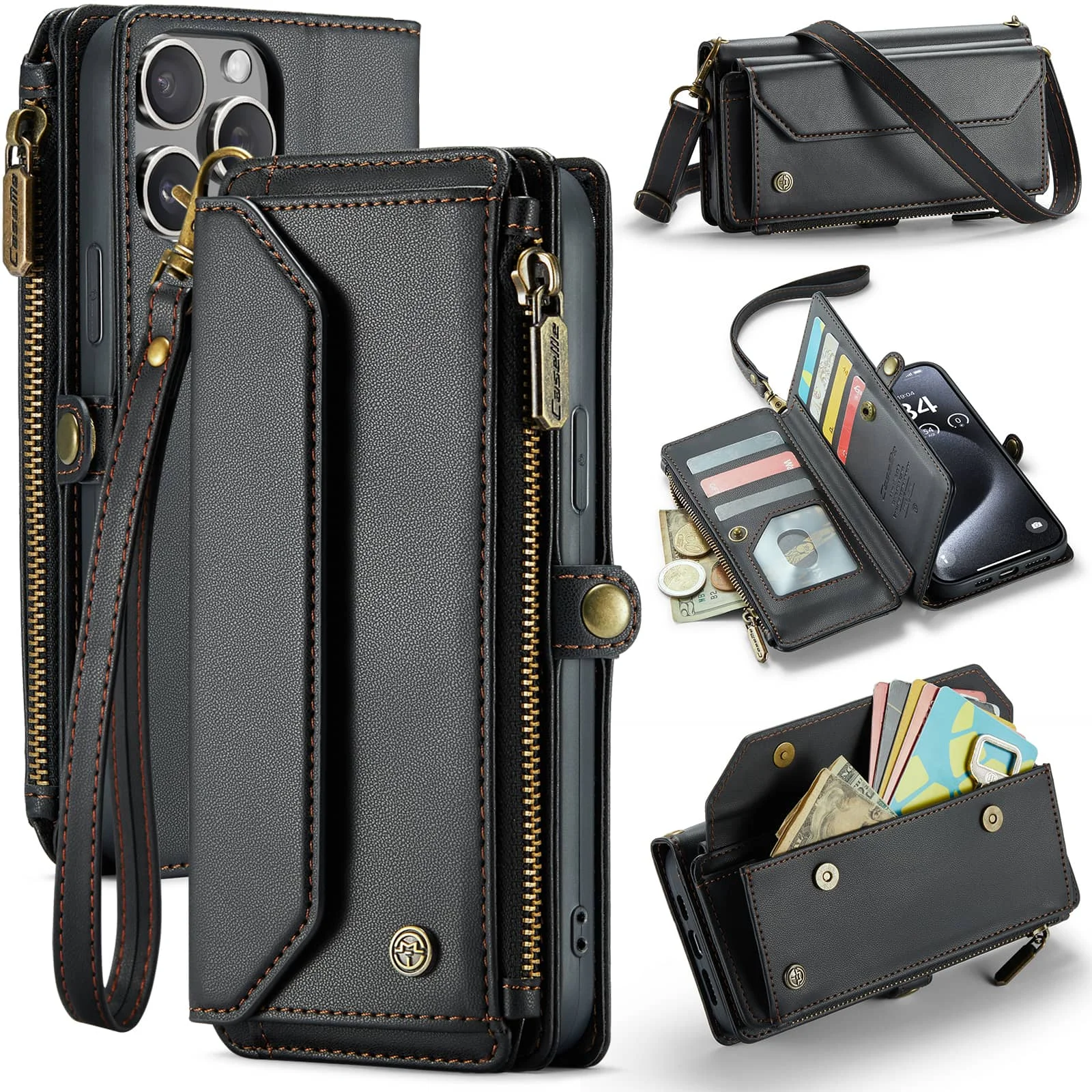 Crossbody for iPhone 16 Pro Max iPhone 16 Plus Case Wallet【RFID Blocking】 with 7-Card Holder Zipper Bills Slot, Soft PU Leather