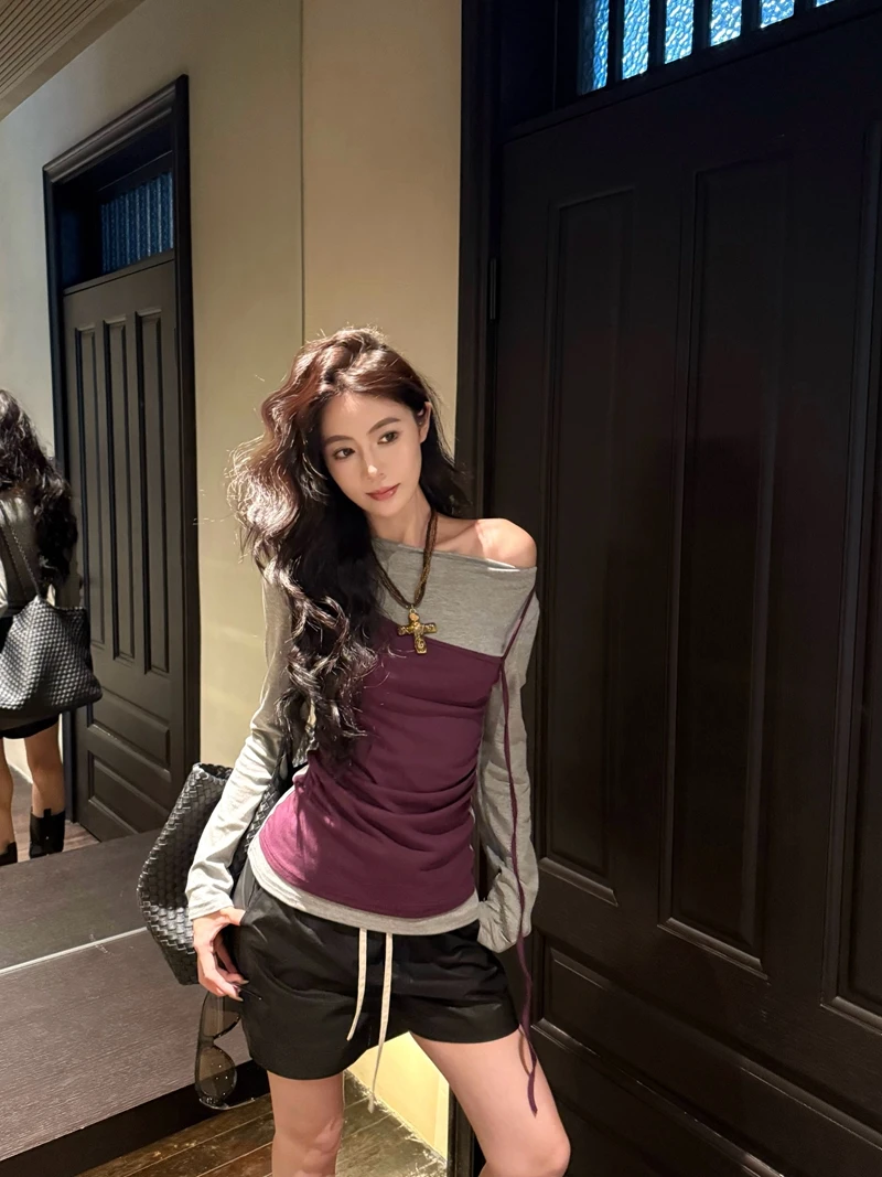 

European Style Two-in-One Top Burgundy Grey Color Block Slim Fit Long Sleeve Off-Shoulder Sexy Design Chic Base Layer Outerwear
