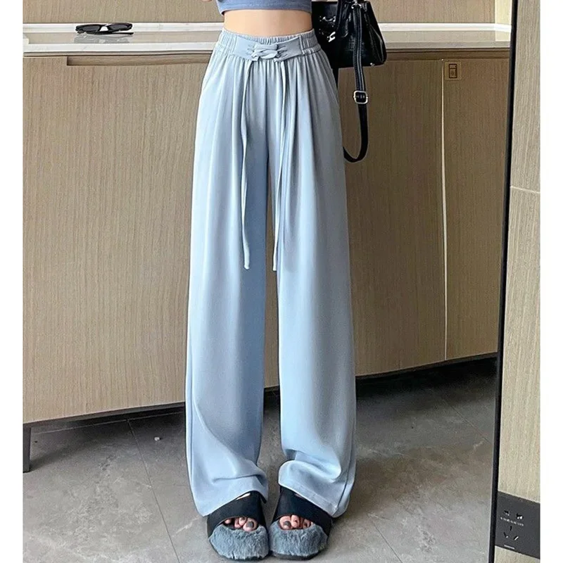 패션 여성 하이웨이스트 배기 팬츠 소녀용 솔리드 레이스업 스트레이트 레그 바지 핫 세일 여성용 편안한 레저 팬츠