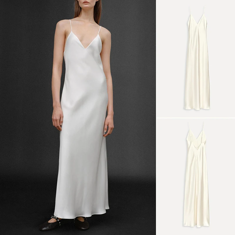 Summer Women's Long V-ne Bal Silk Satin Midi Dr High Waist Svel Gown for Evening Par Commute