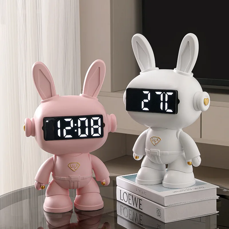 

Nordic Cute Rabbit Bear Clocks Statues Decor Piggy Bank Cartoon Electronic Clock Luxury Home Living Room Decoration Sculpture