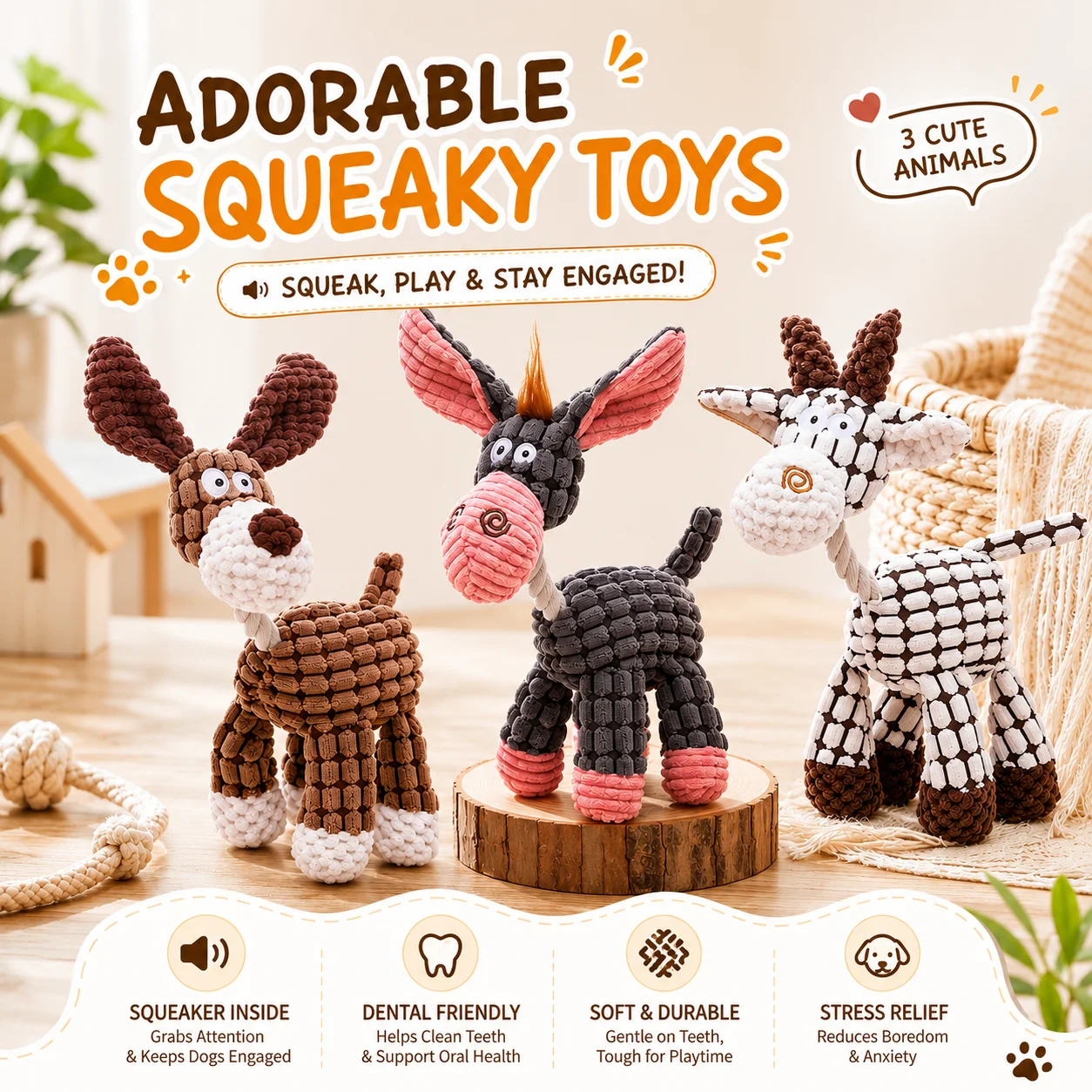3PCS Dog Squeaky Toys Set Plush Chew Toy Interactive Puppy Toy Soft Durable Pet Teeth Cleaning Toy for Small Medium Dogs
