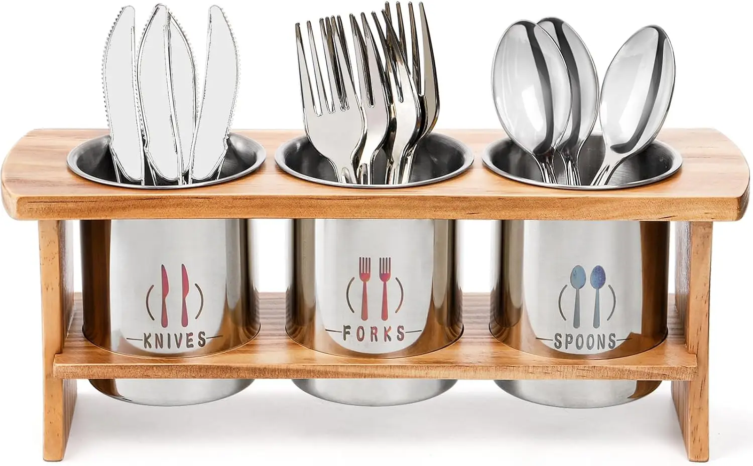 

Silverware Holder for Countertop, Stainless Steel Cutlery Utensil Organizer with Bamboo Stand