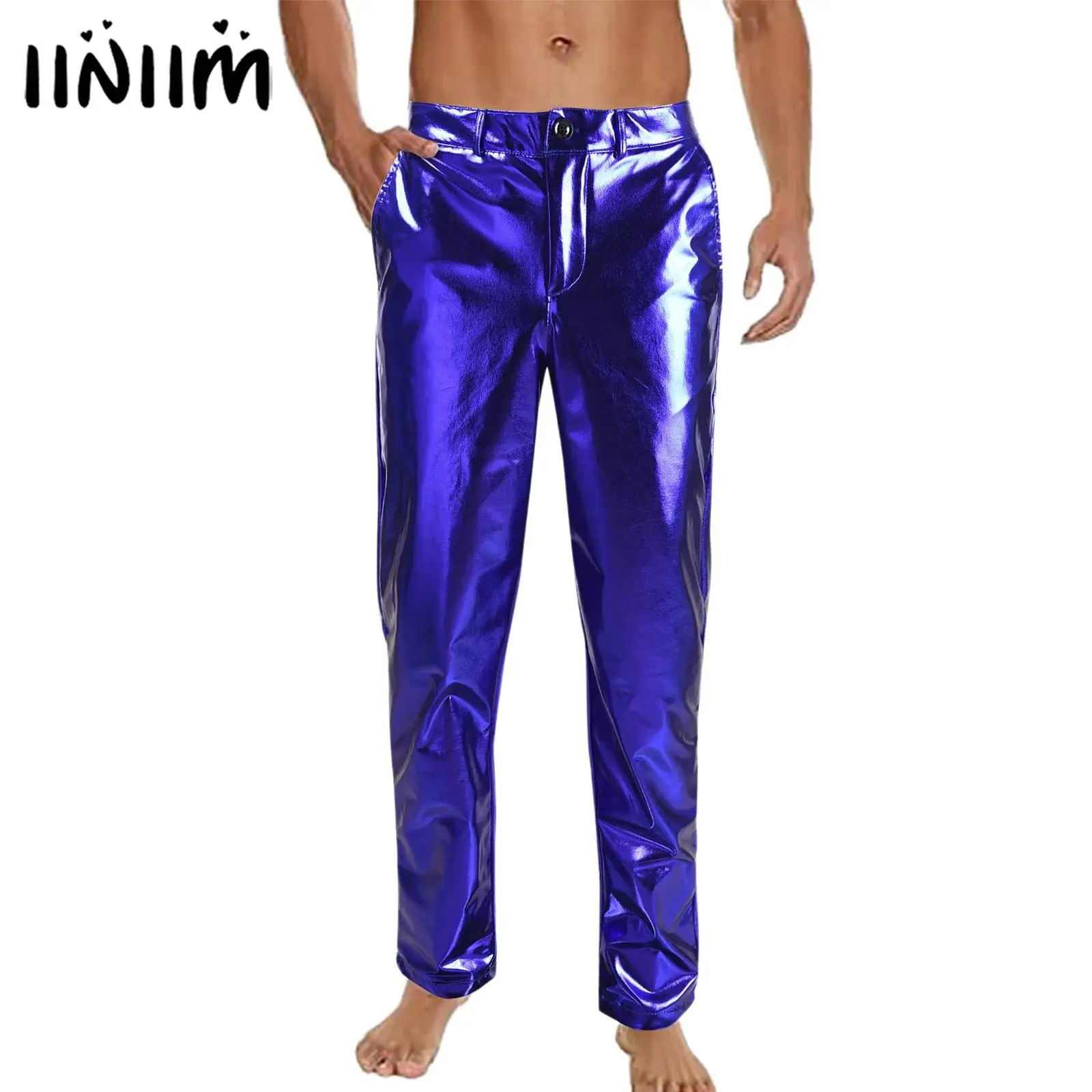 

Mens 80s Disco Metallic Shiny Trousers Straight Leg Side Pockets Long Pants Dance Costumes Clubbing Jazz Rock Dance Costume