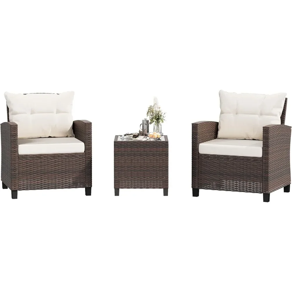 

3 Pieces Patio Furniture Set 3 Pieces PE Rattan Wicker Chairs with Table Outdoor Furniture Brown Rattan with White Cushion