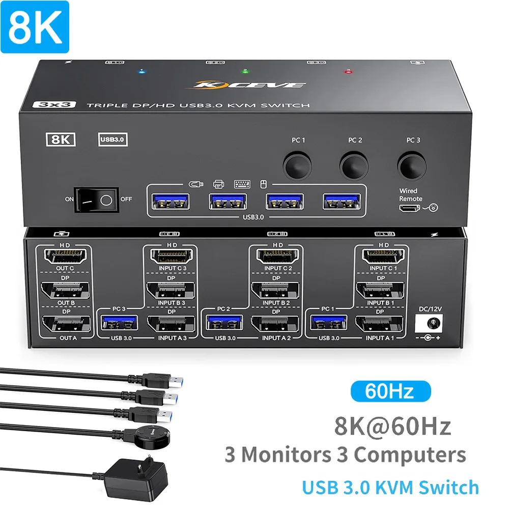 2024 nuovo Switcher KVM KVM303DH 3 in 3 out 8K @ 60Hz, 4K @ 144Hz triplo Monitor per PC tastiera Mouse stampante U-Disk EU/US/UK