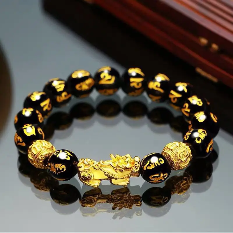 Feng Shui Obsidian Stone Beads Bracelet Gold Color Black Pixiu Wealth Good Luck Wristband Men Women Unisex Lucky Jewelry Gifts