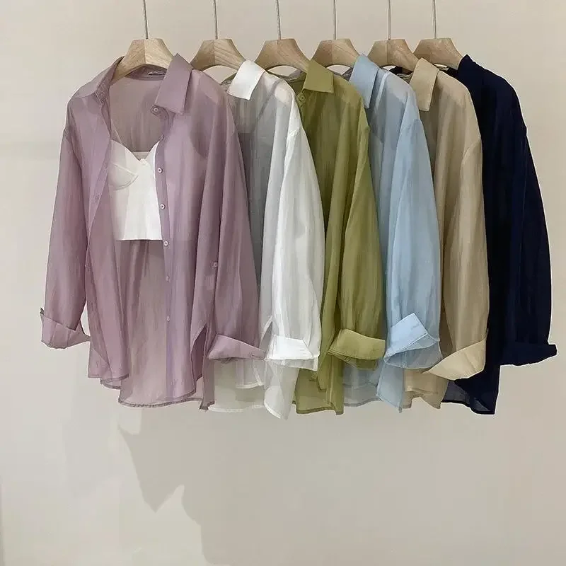 DAYIFUN-Thin Summer Blouses for Women Korean Side Button Slightly Transparent Sunscreen Shirts Loose Long Sleeve Solid Tops 2024