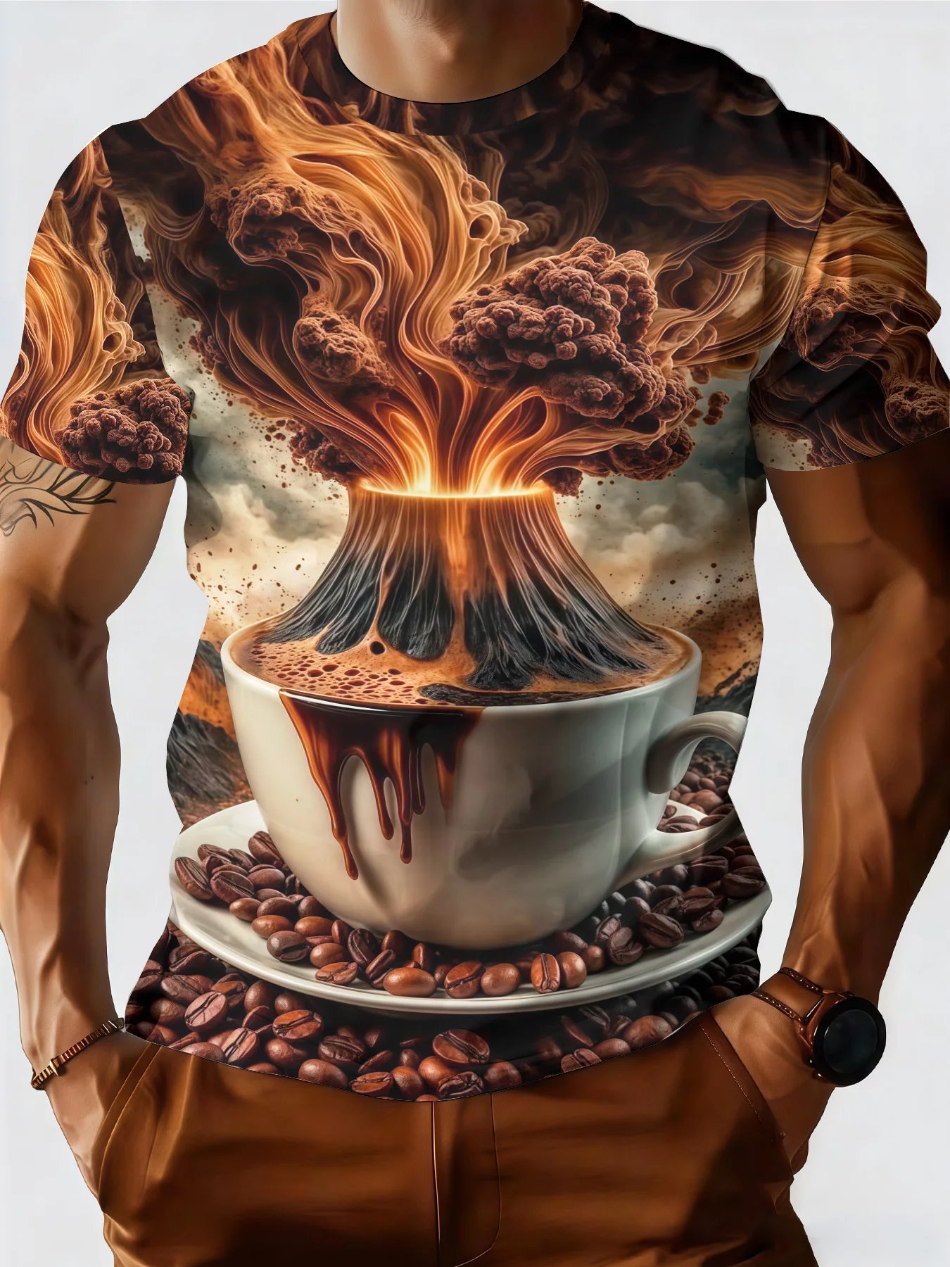 Men's 3D Coffee Cup Volcano Smoke Coffee Bean Print T-Shirt Crew Neck Short Sleeve Creative Art Casual Daily Tee Top