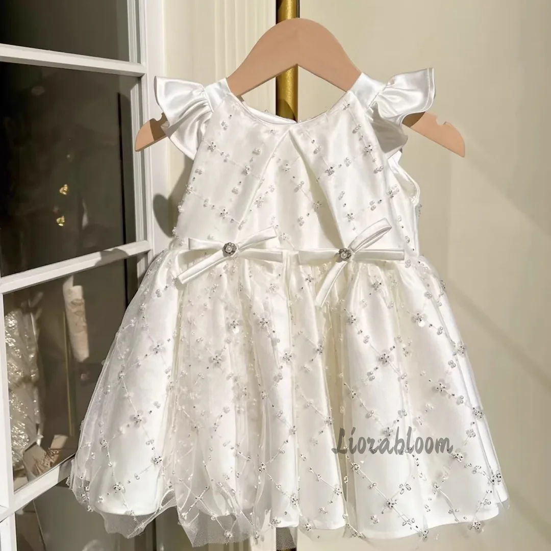 Abito da bambina con perle, vestito bianco con paillettes per damigella, abito corto da festa, abito corto da sposa, abito formale a maniche corte