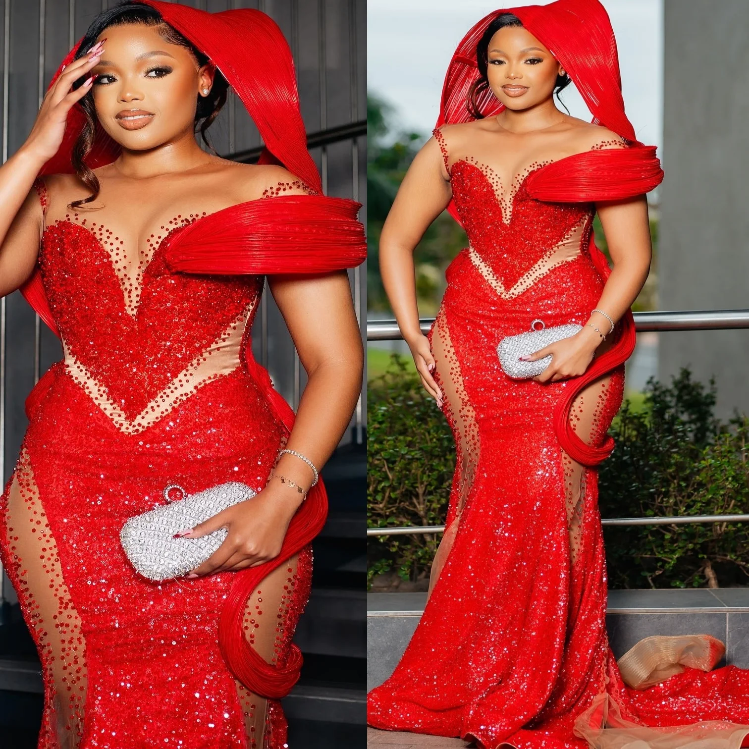 レッドマーメイド 2025 プロムドレス クリスタル スパンコール イリュージョン スタイリッシュ イブニング フォーマル パーティー 誕生日ドレス ZJ2634