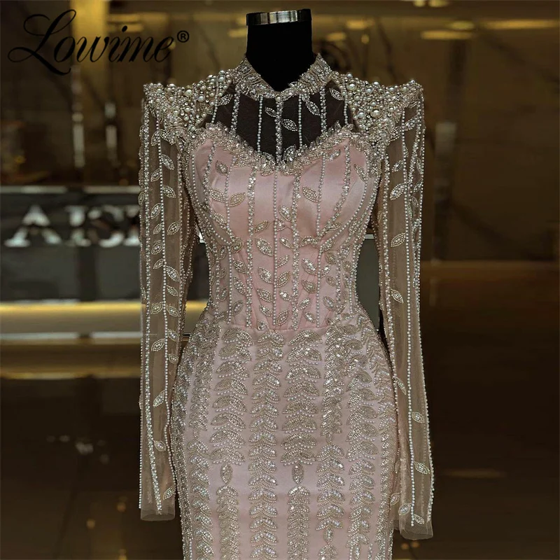 2024 Customize Pink Long Sleeve Beaded Pearls Evening Gown Arabic Mermaid Prom Dress Women Party Second Reception Birthday Dress