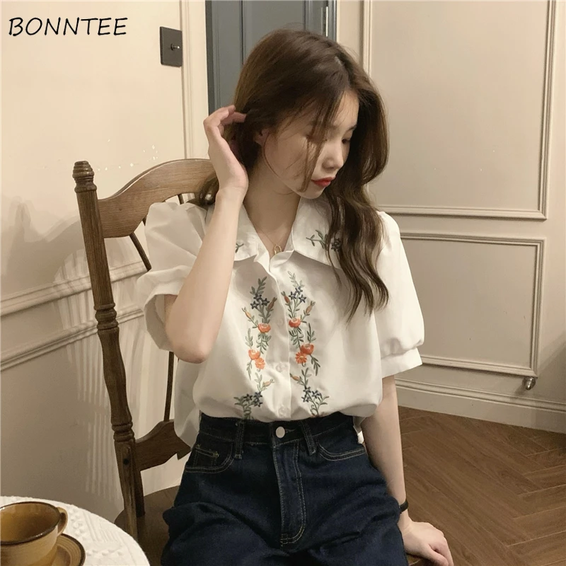 Shirts Women Embroidery Floral Simple Casual All-match Puff Sleeve Chic Elegant Korean Trendy Tops Summer Thin Retro New Female