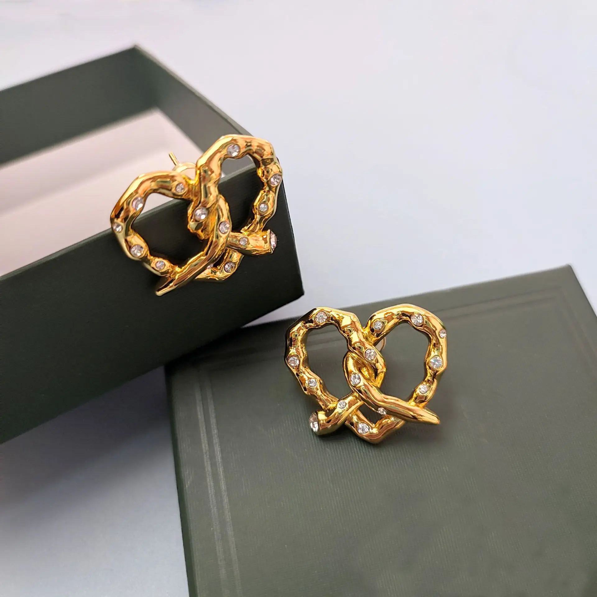 Lovely Knotted Heart Shape Stud Earrings for Women Girls Cute 18K Gold Plated CZ Zirconia Bowknot Tiny Earrings Sweet Jewelry