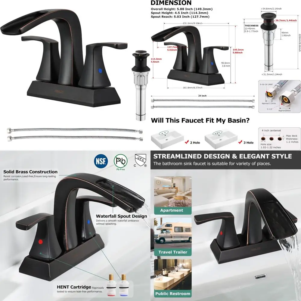 

«Водопадный излив из масляной бронзы, смеситель для ванной комнаты с 2 ручками, металлическим выдвижным сливом и линиями подачи — модель Doris 14069 дюйма