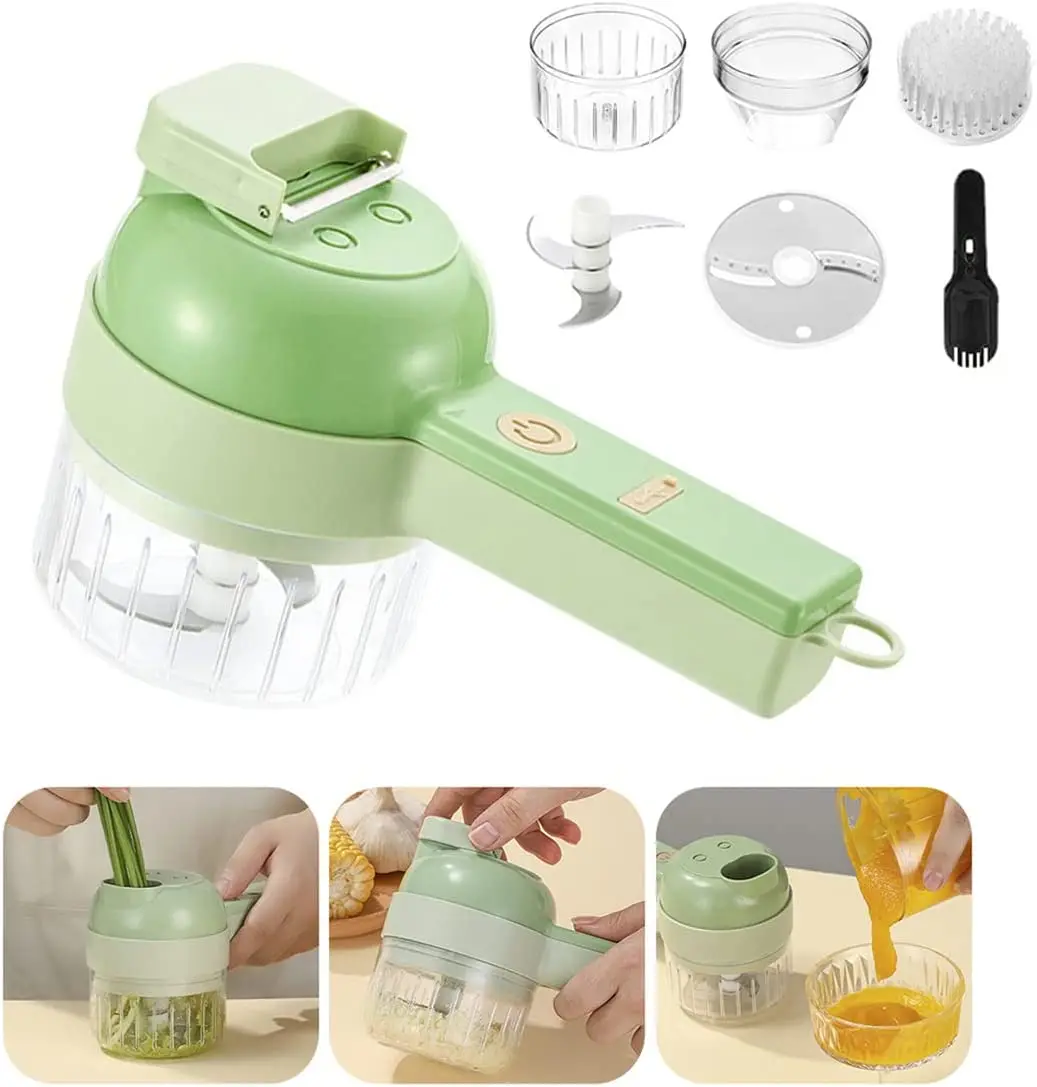 

4 In 1 Handheld Electric Vegetable Cutter Set Wireless Food Processor for Garlic Chili Pepper Onion Ginger Celery Meat with Brus