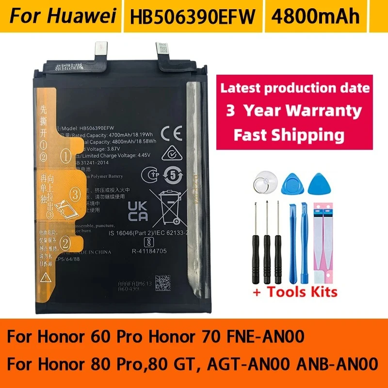 High QualityHB506390EFW 4800mAh Battery For Honor 60 Pro Honor 70 FNE-AN00,Honor 80 Pro,80 GT, AGT-AN00 ANB-AN00 Batteries+Tools