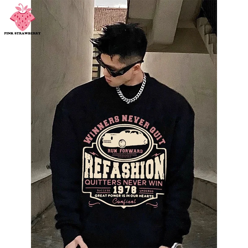 

Oversize O-Neck Hoodie Men Autumn Winter New American Street Black Long sleeve Plush Pullover Loose Y2K Top Men Warm clothing