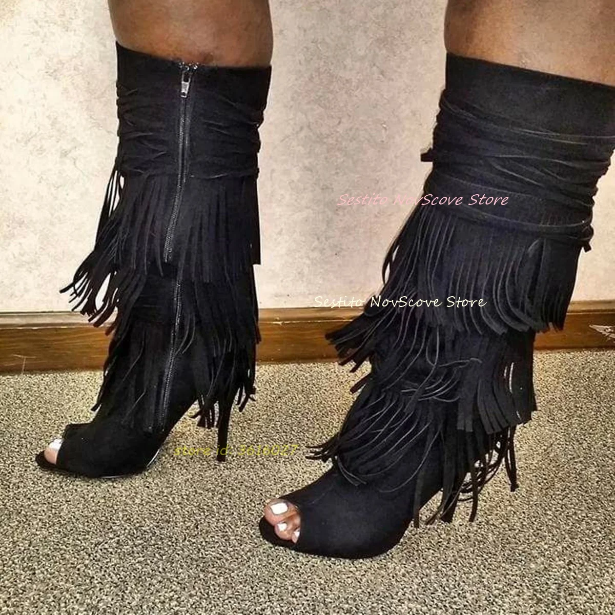 

Black Peep Toe Tassels Knee High Boots Cross Straps Side Zip Stiletto High Heels Autumn Sexy Women Party Daily Long Booties