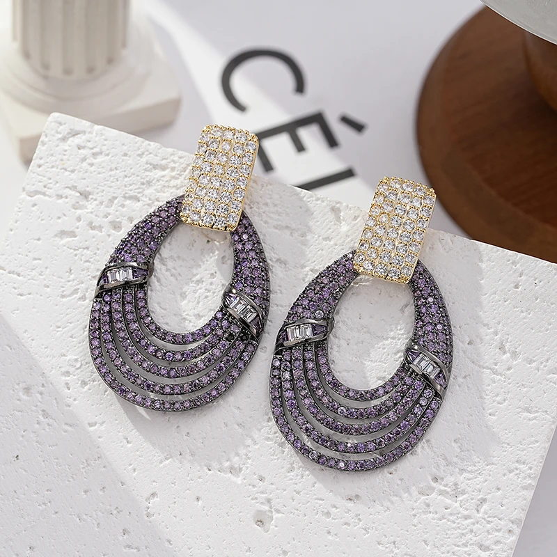 SENYU Elegant Classic Ovl Shape Big Earrings for Women Gradient Surround CZ Jewelry Luxury Dubai Wedding Fashion Bridal Earrings
